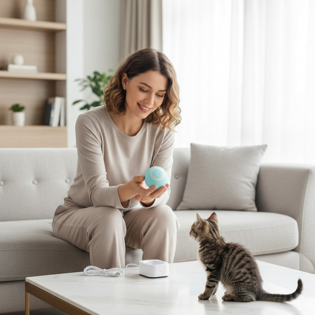 Interactive play time with the Yogi-Pets smart moving ball to keep kittens active