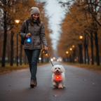 Safe evening stroll with the Yogi-Pets waterproof LED collar light providing clear visibility