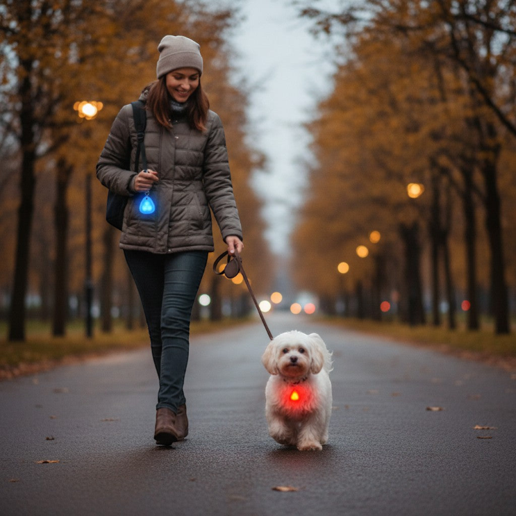 Safe evening stroll with the Yogi-Pets waterproof LED collar light providing clear visibility