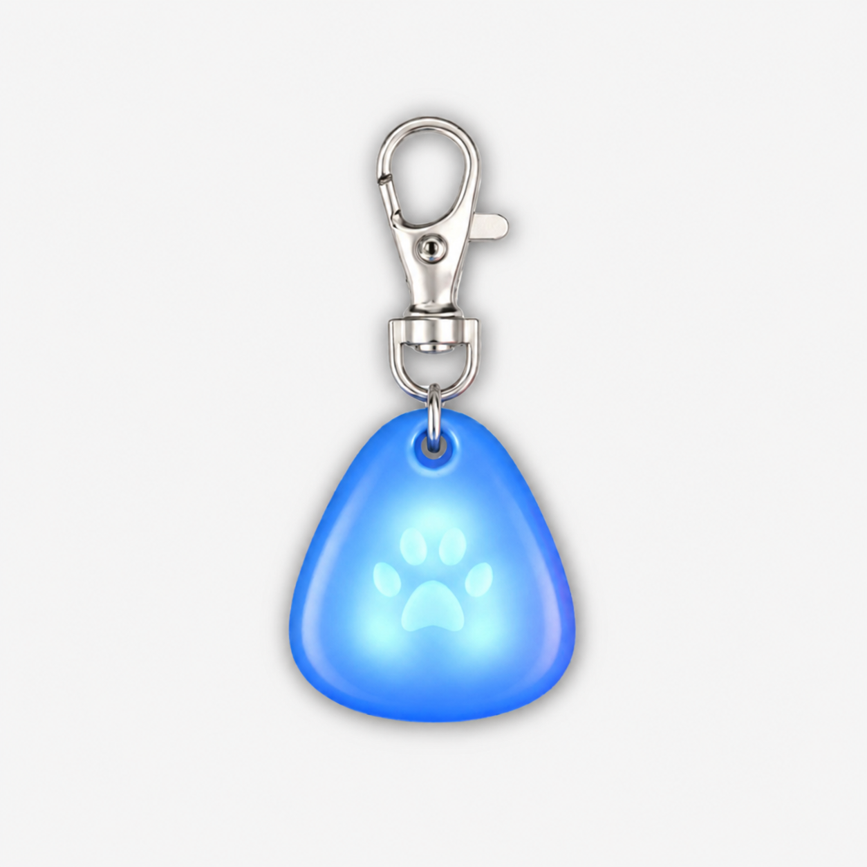 Blue glowing Yogi-Pets dog tag with a silver clip on a white background