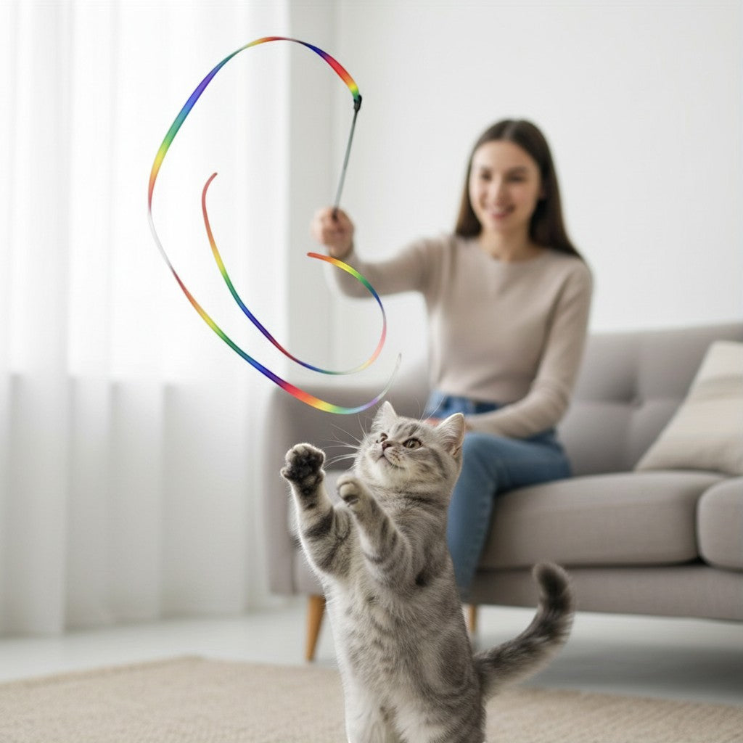 Active indoor play with the flexible Yogi-Pets cat teaser wand and rainbow ribbon
