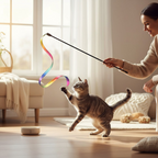 Stimulating a cat's natural hunting instincts with the Yogi-Pets flexible rainbow wand