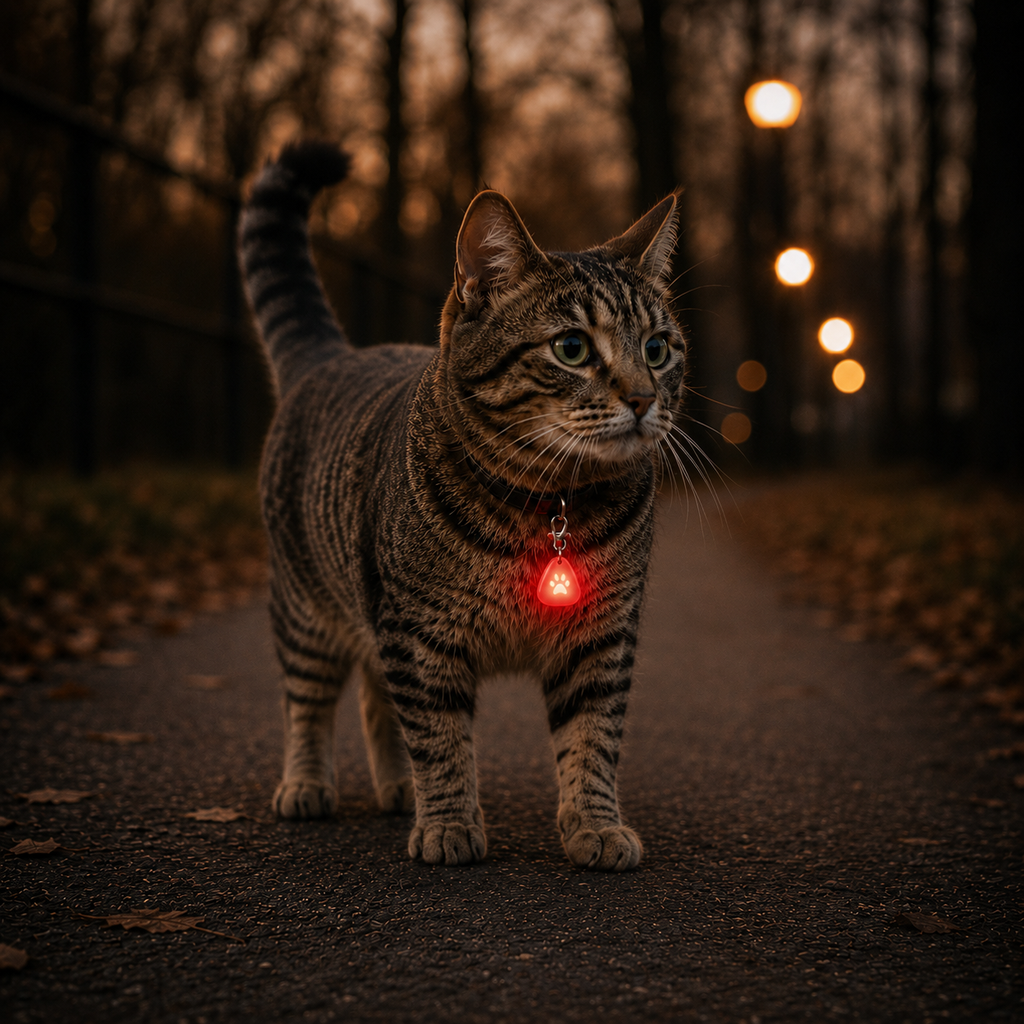 Cat with a Yogi-Pets glowing red tag on a dark path in a forest