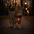 Cat with a Yogi-Pets glowing red tag on a dark path in a forest