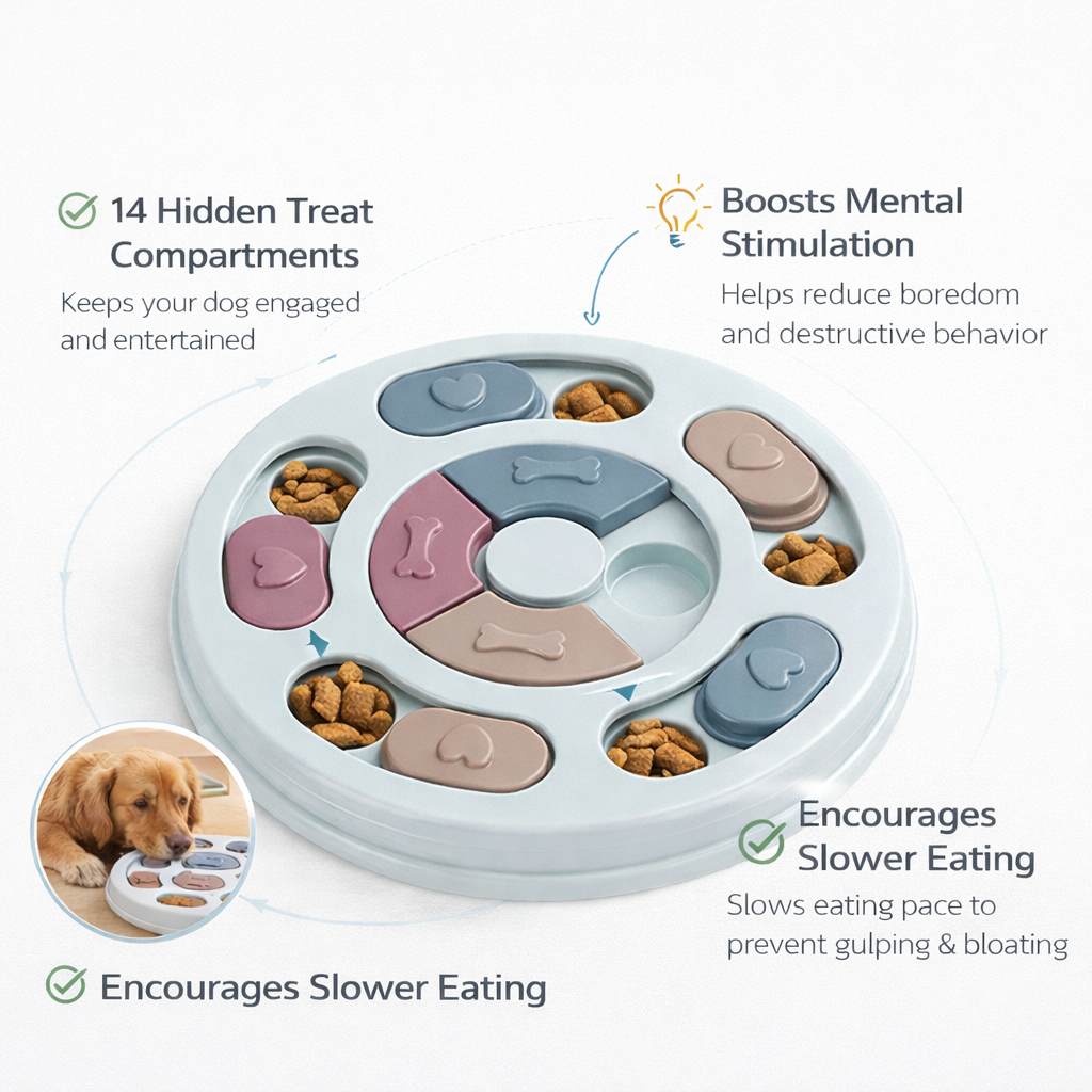 Features of Yogi-Pets™ puzzle feeder: Hidden treat compartments, mental stimulation, and non-slip base