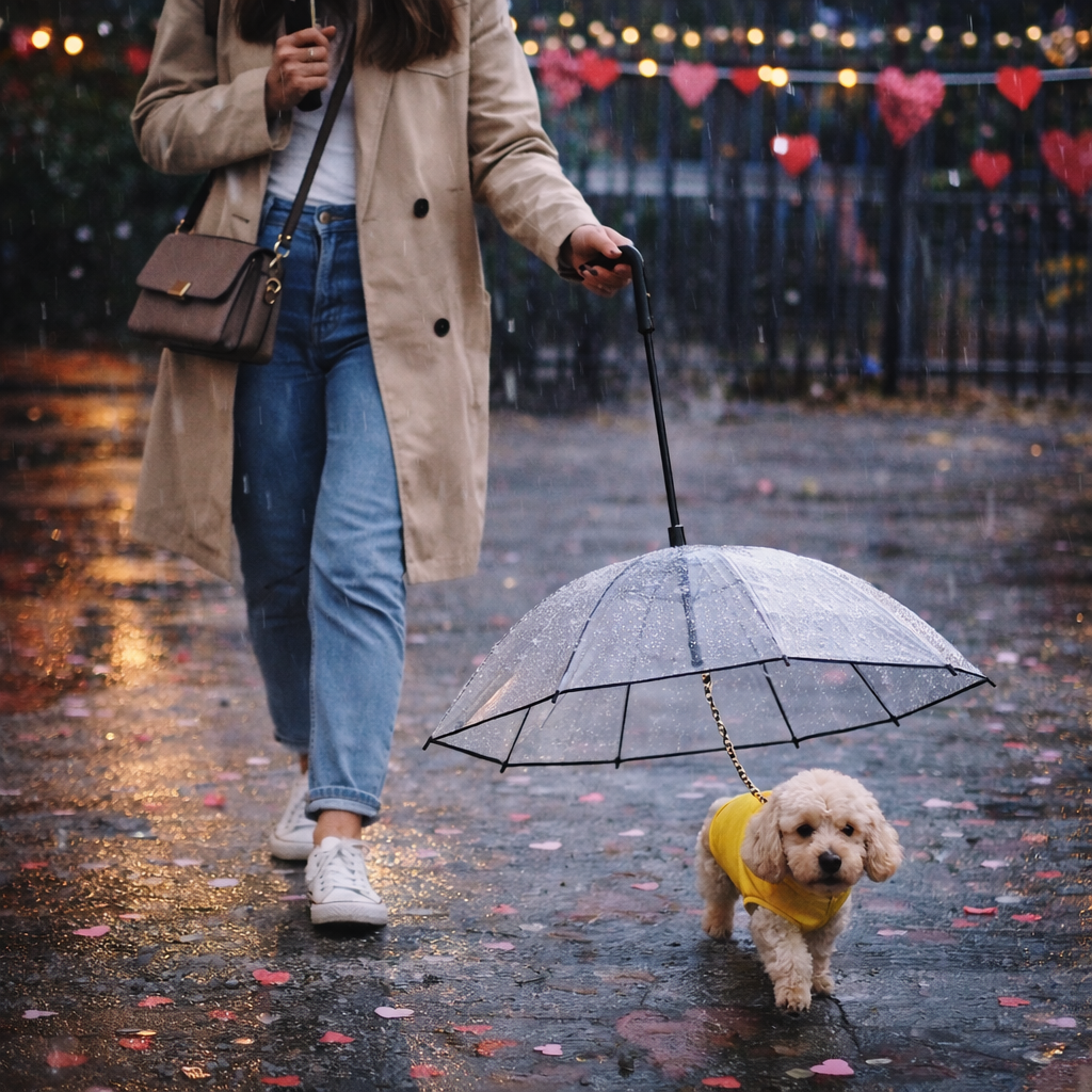 Small dog walking comfortably under the Yogi-Pets weather-resistant pet umbrella with adjustable handle