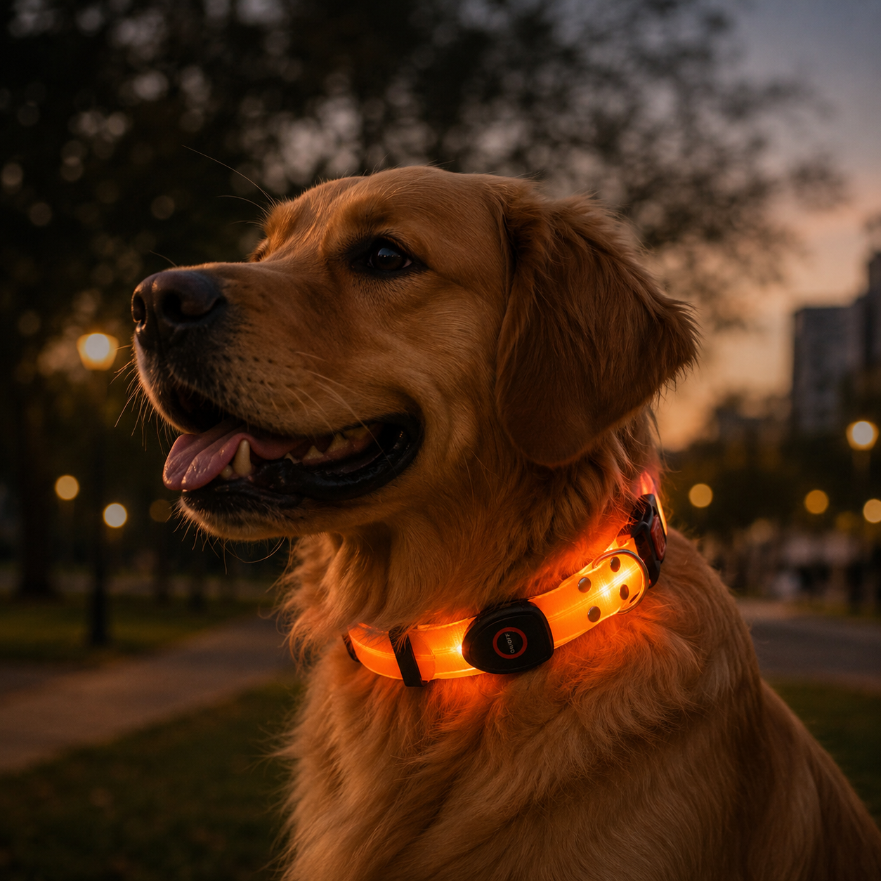 Dog wearing a Yogi-Pets glowing orange collar in a park setting with blurred lights and trees in the background