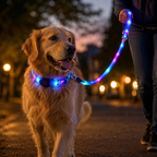Dog walking on a leash with a glowing LED collar and leash at night.