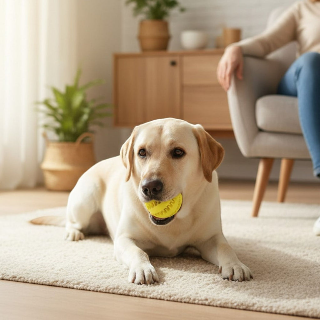 Labrador chewing on the Yogi-Pets dental ball to clean teeth and gums