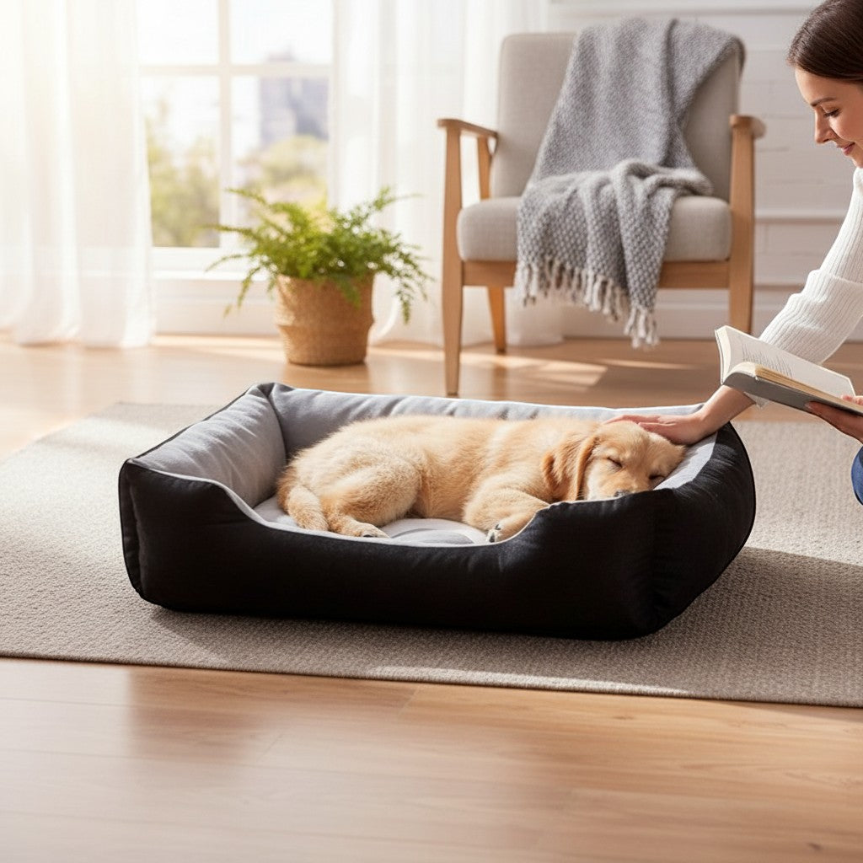 Comfortable dog resting in Yogi-Pets orthopaedic plush pet bed for restorative sleep