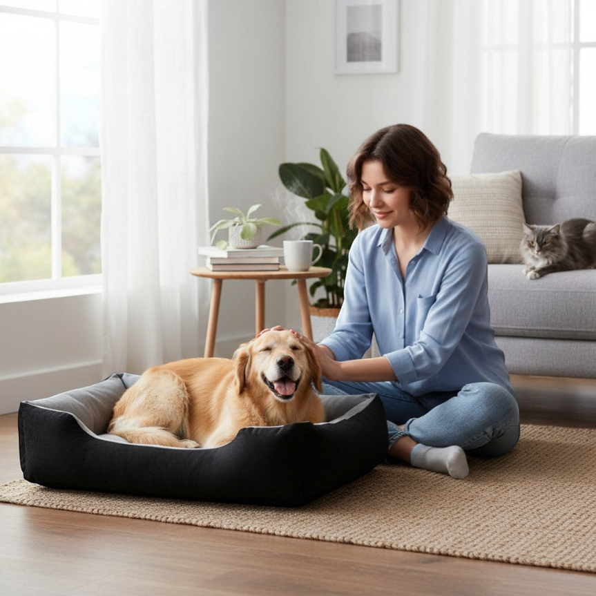 Comfortable dog resting in Yogi-Pets orthopaedic plush pet bed