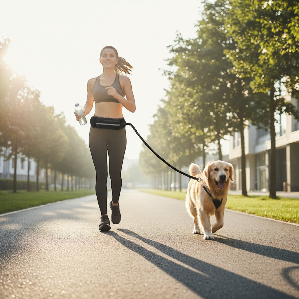Woman running with a dog on a Yogi-Pets leash