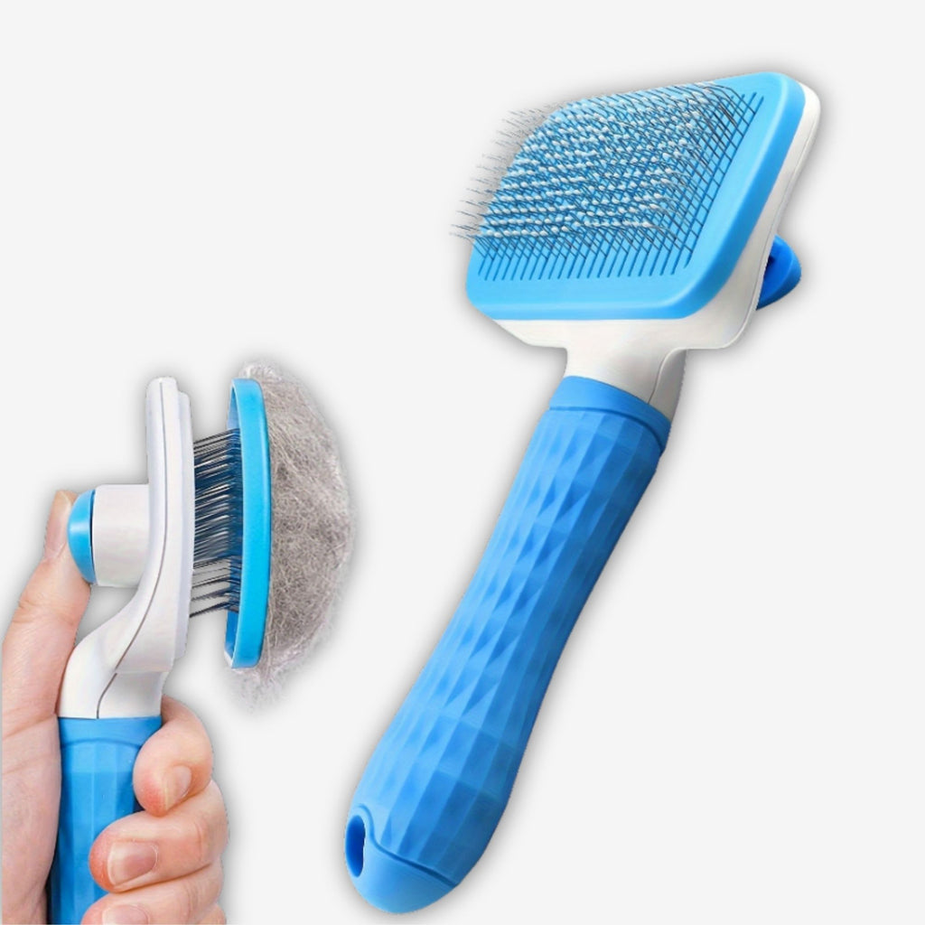 Yogi-Pets Self-Cleaning Slicker Brush for Dogs and Cats - One-Click Hair Removal - Blue