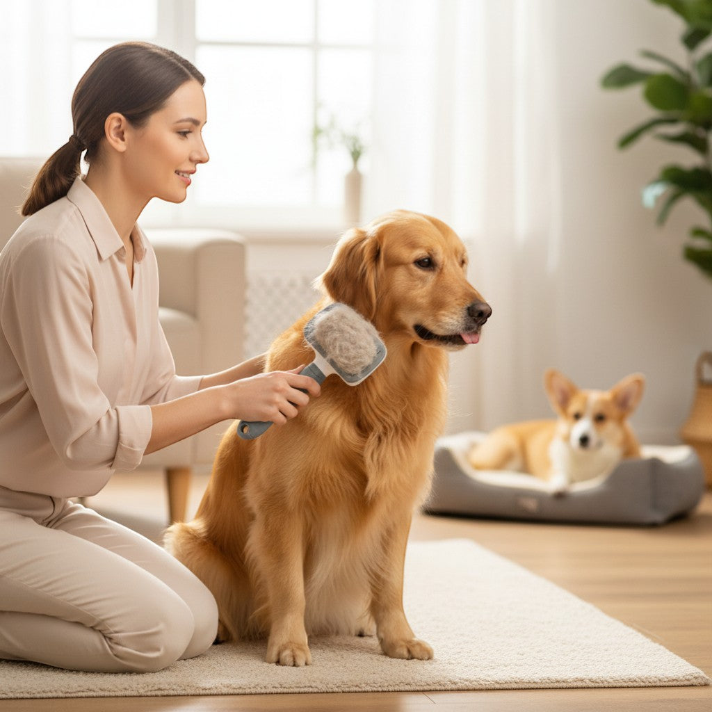 Woman grooming with Yogi-Pets a golden retriever in a home setting with another dog in the background.