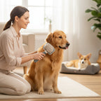Woman grooming with Yogi-Pets a golden retriever in a home setting with another dog in the background.