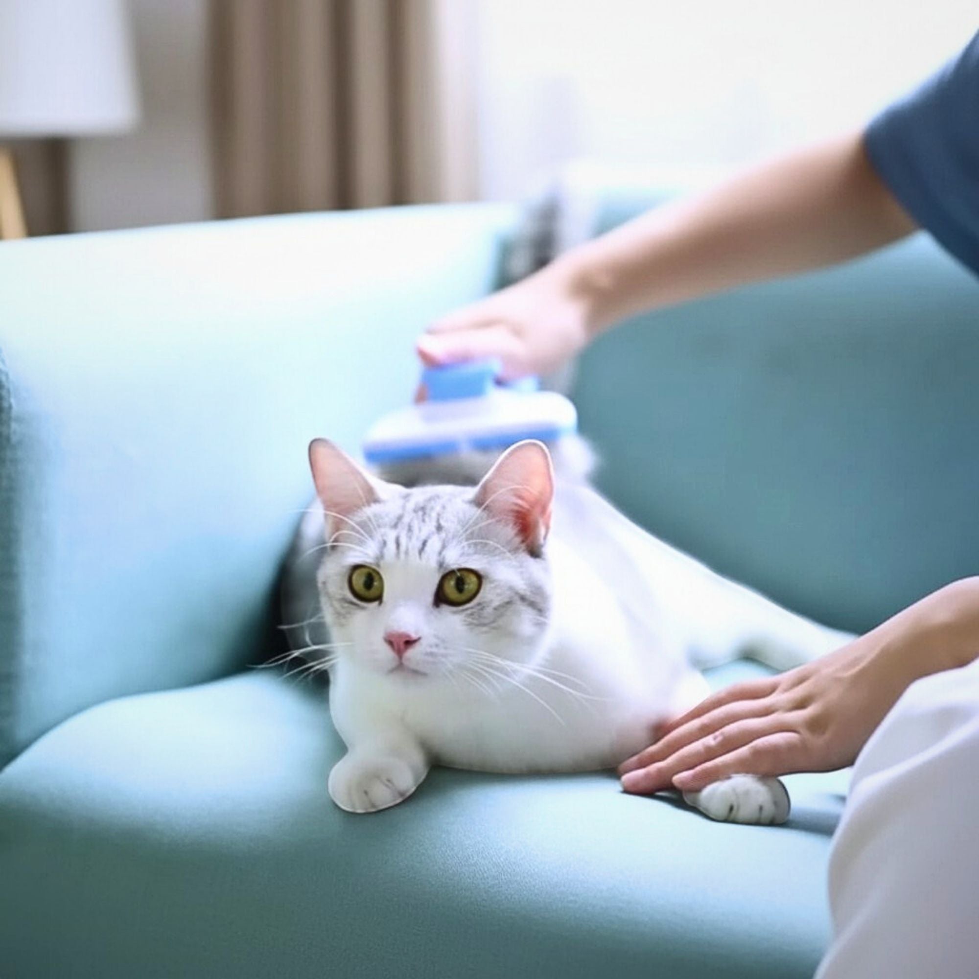 Removing loose undercoat from a white cat using the Yogi-Pets interactive grooming tool