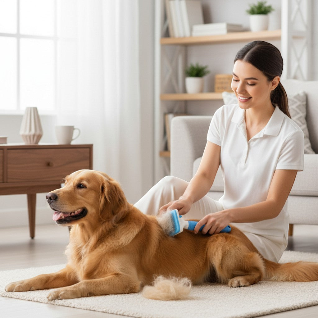 Grooming a Golden Retriever with the Yogi-Pets gentle self-cleaning deshedding brush