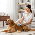 Grooming a Golden Retriever with the Yogi-Pets gentle self-cleaning deshedding brush
