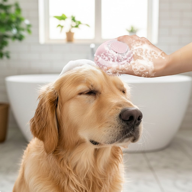 Golden Retriever enjoying a relaxing bath with the Yogi-Pets shampoo dispensing brush