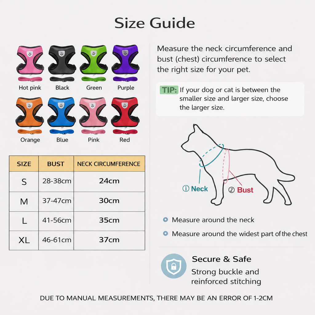 Size guide for pet harnesses with color options and measurement instructions.