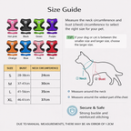 Size guide for pet harnesses with color options and measurement instructions.