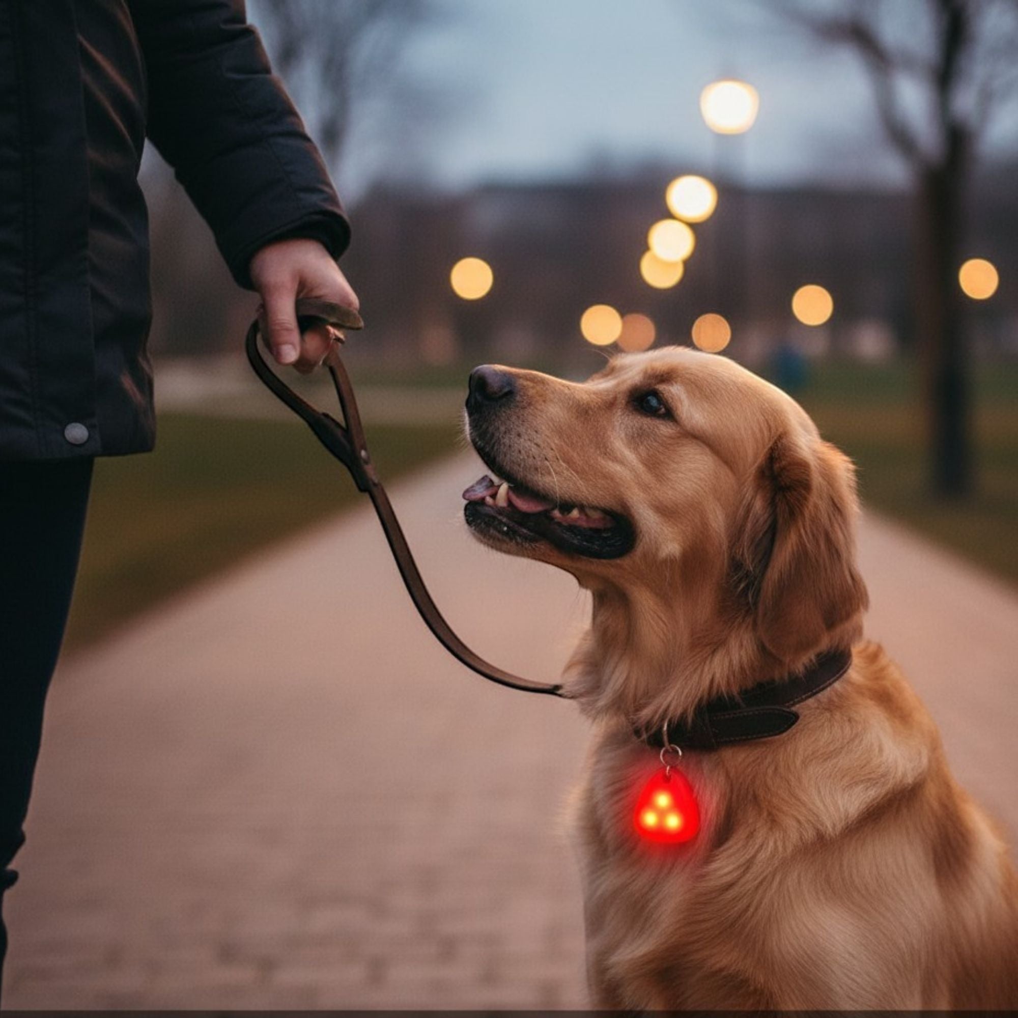 High-visibility glowing LED safety light on a dog collar for secure night walks