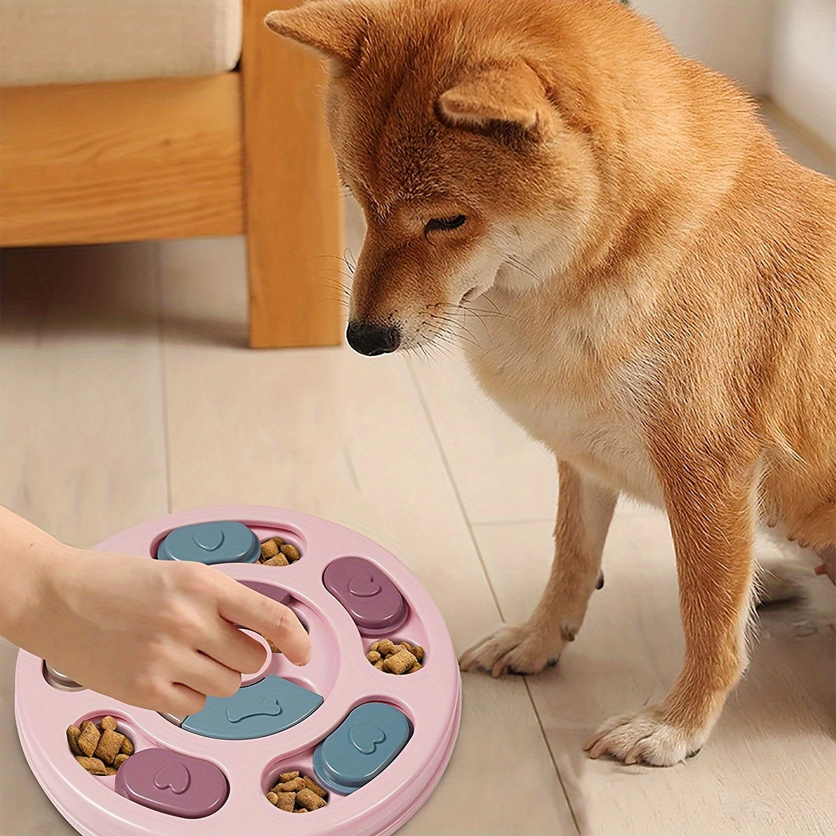 Yogi-Pets™ interactive food puzzle stimulating a Shiba Inu's natural foraging instincts