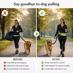 Before and after comparison of a woman walking a dog with and without a hands-free dog walking device.