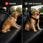 Dog sitting in a car without and with a Yogi-Pets, labeled 'Unsafe' and 'Safe & secure'.