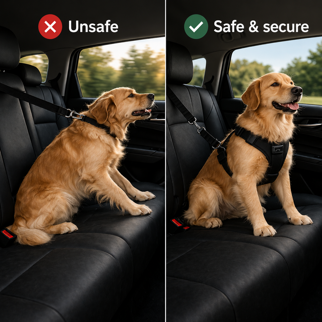 Dog sitting in a car without and with a Yogi-Pets, labeled 'Unsafe' and 'Safe & secure'.