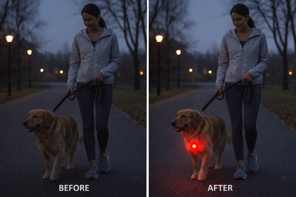 Improved visibility comparison showing a dog with and without the Yogi-Pets LED safety pendant