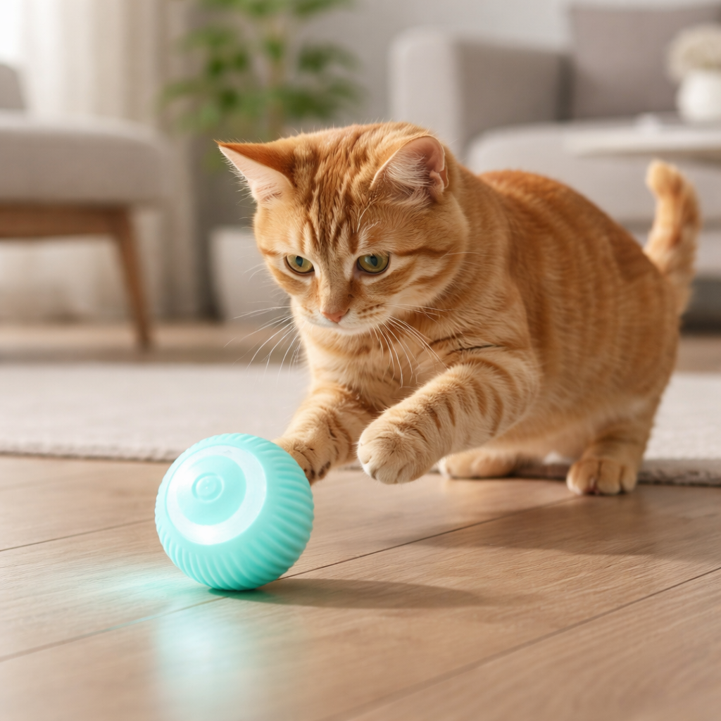 Indoor exercise for cats with the self-rotating Yogi-Pets smart ball toy