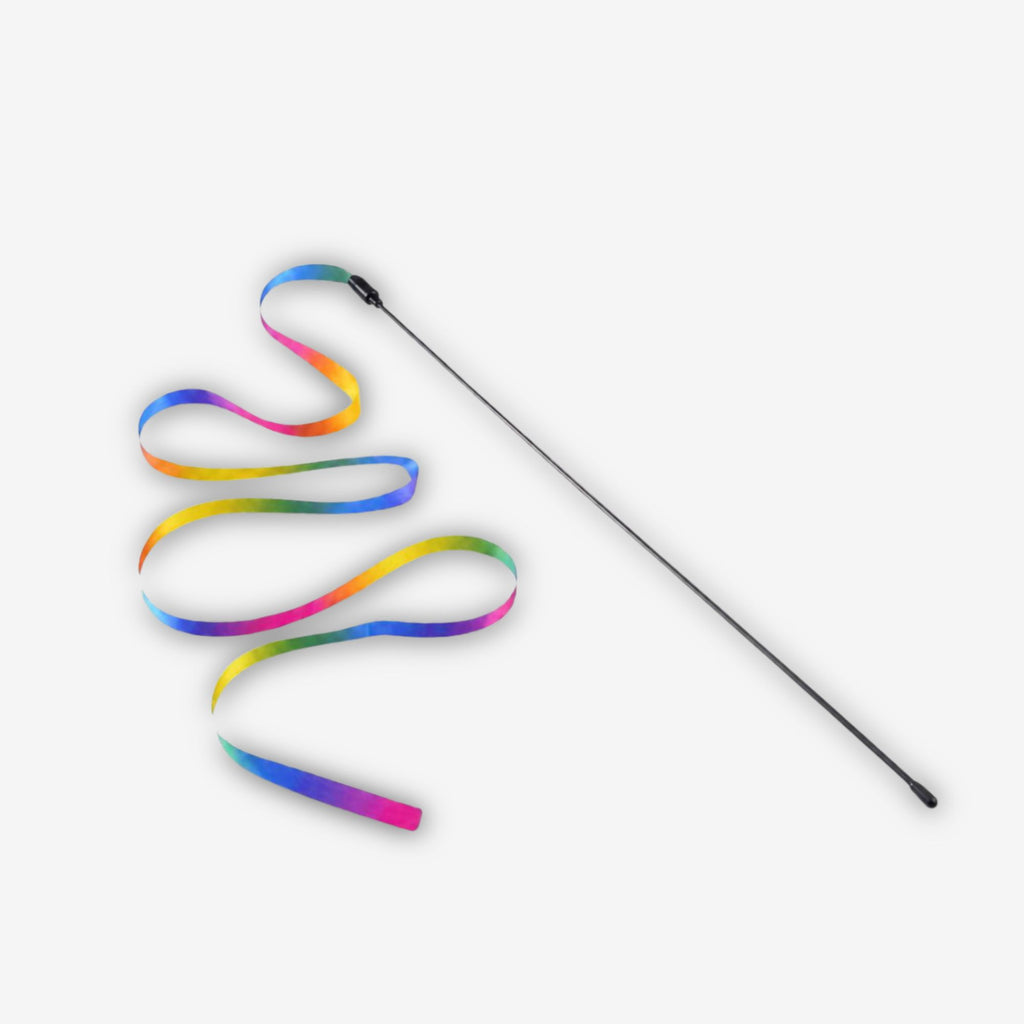 Colorful ribbon attached to a stick on a white background