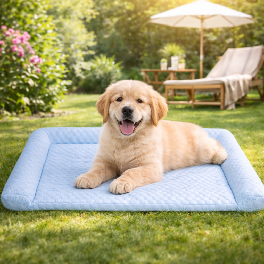 Golden Retriever puppy relaxing on a Yogi-Pets cooling mat in the garden