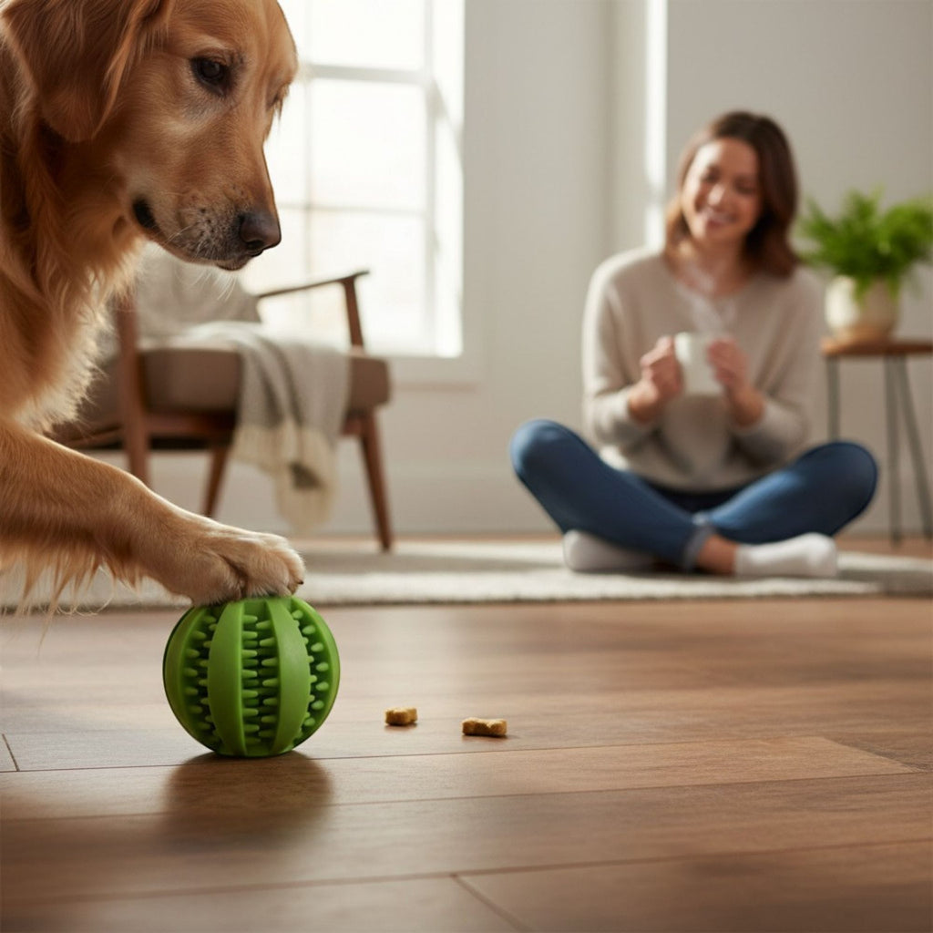 Interactive play with the Yogi-Pets treat dispensing ball for mental stimulation