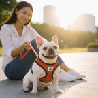 Comfortable outdoor walk with a French Bulldog wearing the Yogi-Pets orange mesh harness