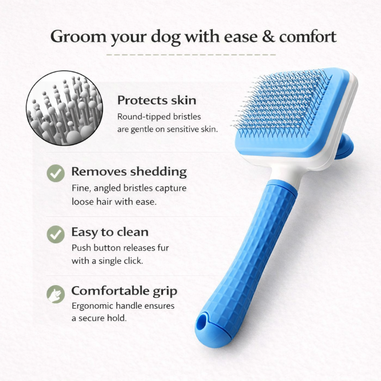 Benefits of Yogi-Pets™ pet brush: Skin protection, easy hair removal, and ergonomic grip