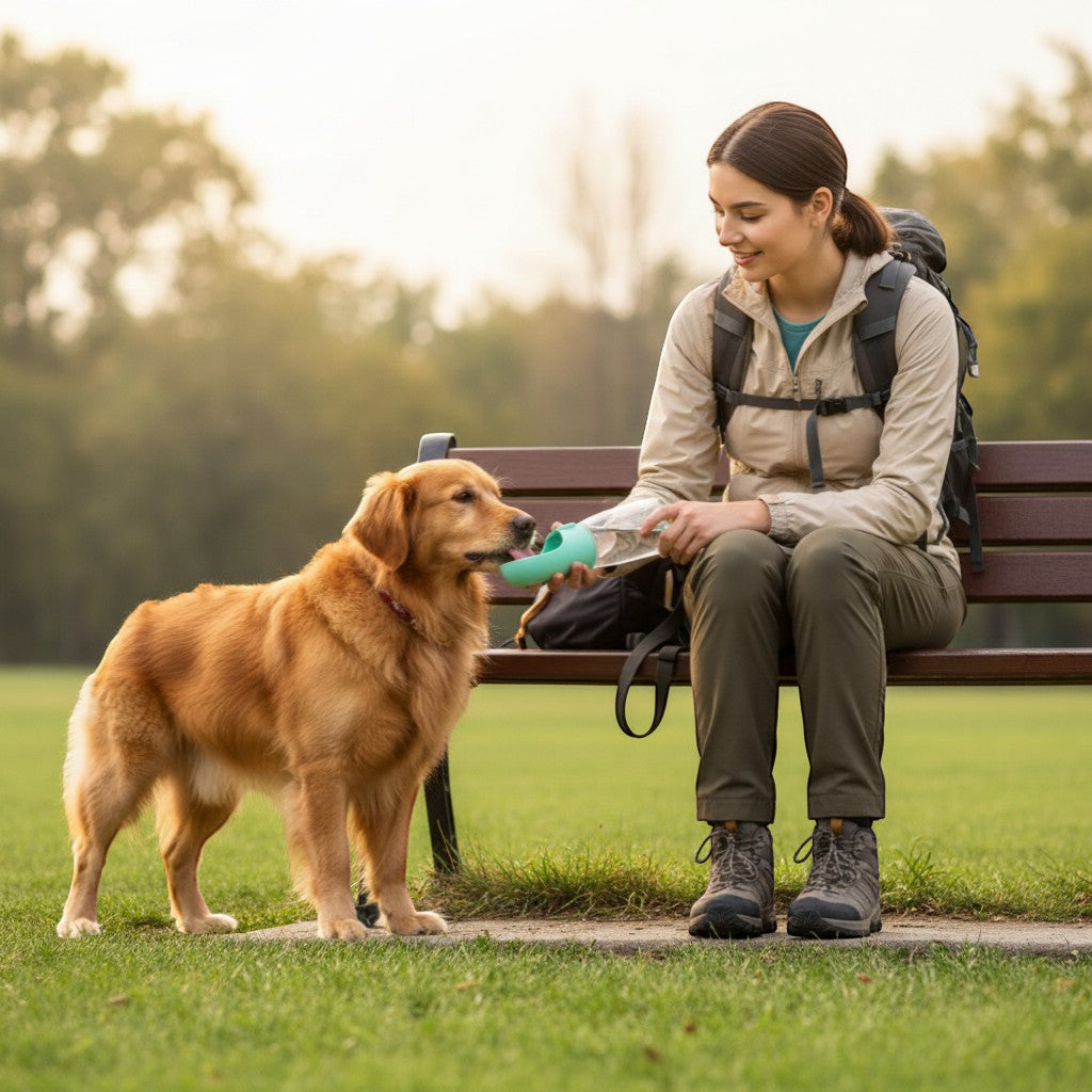 Yogi-Pets travel water bottle providing fresh water to a dog during a forest hike
