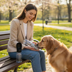 Using the Yogi-Pets dog water dispenser during a break in the park with a Golden Retriever