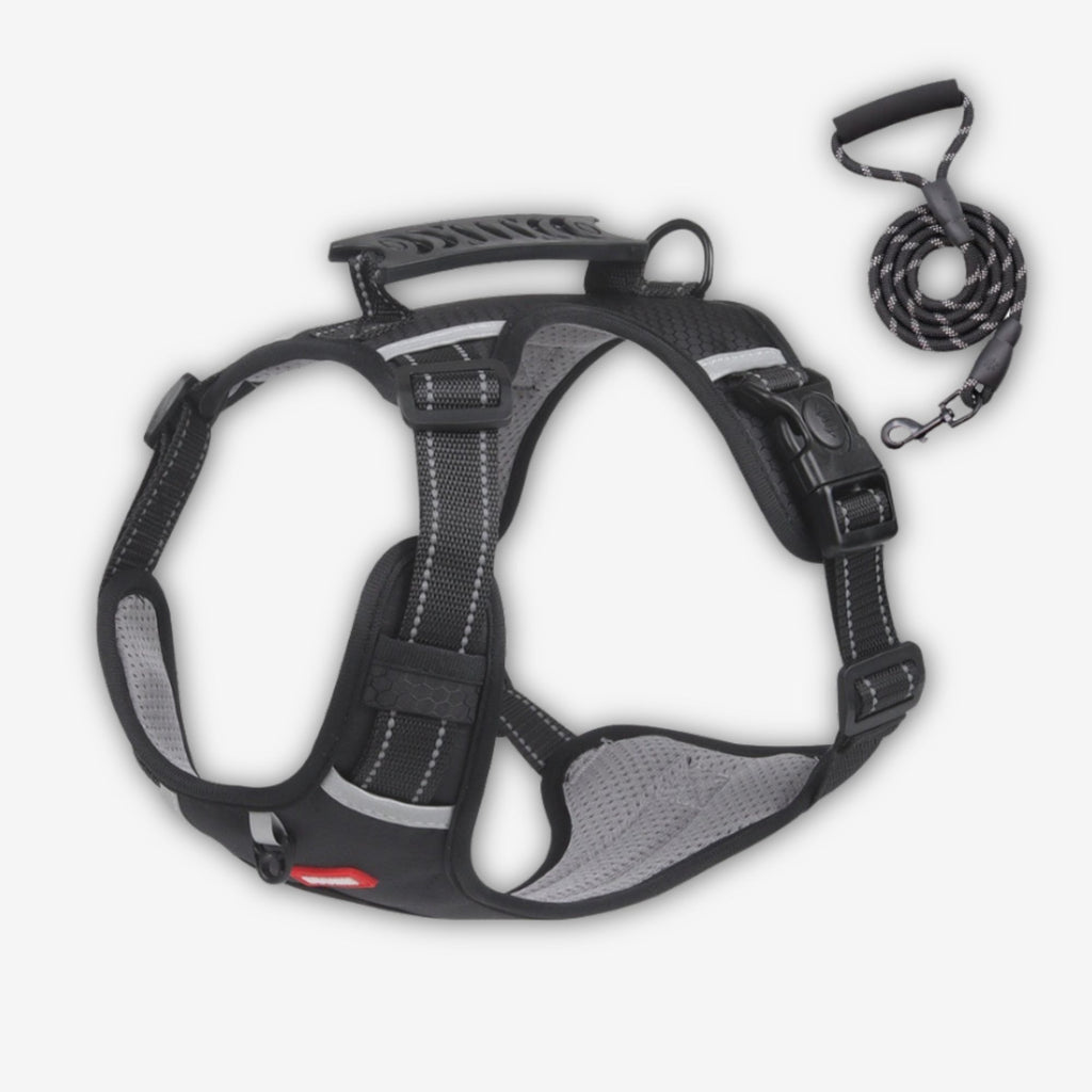 Yogi-Pets No-Pull Reflective Dog Harness with Safety Handle - Heavy Duty Black Support Vest with lead