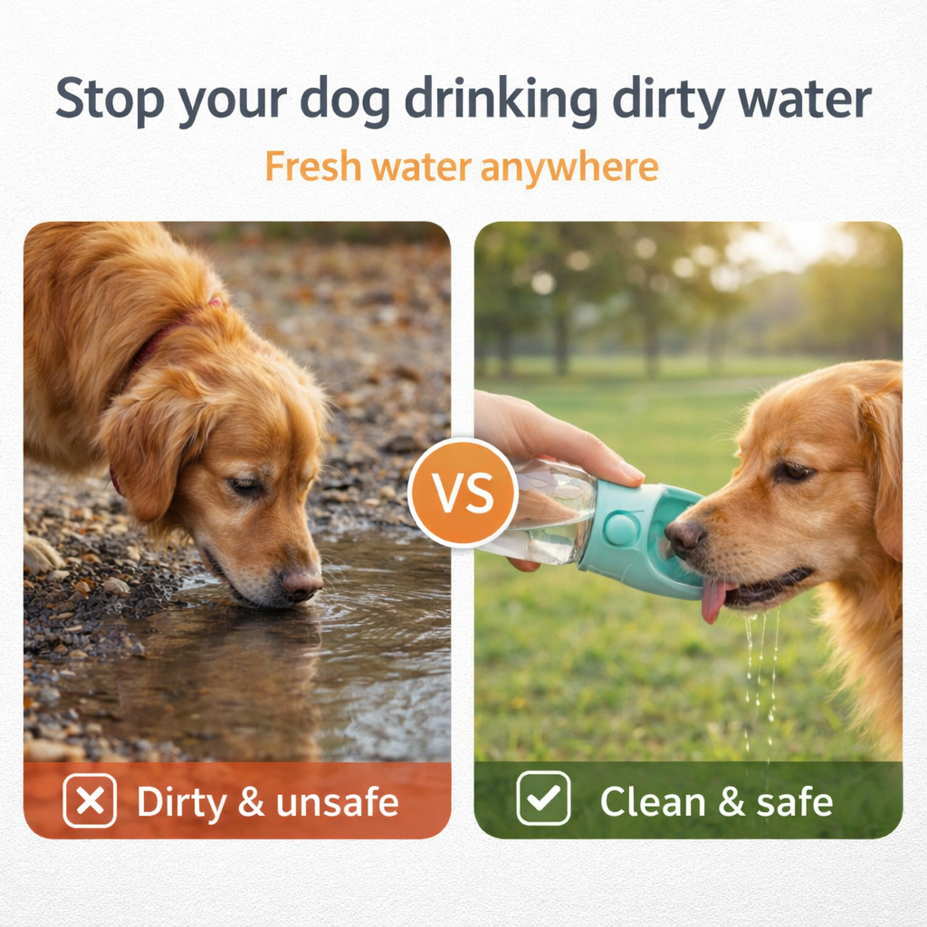 Comparison showing Yogi-Pets clean water dispenser vs unsafe dirty puddle water for dogs
