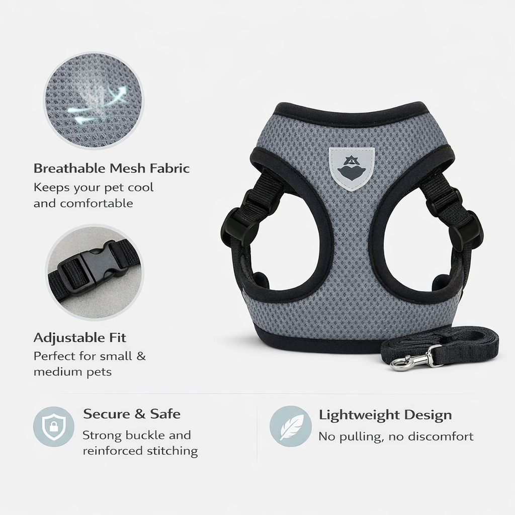 Yogi-Pets features: Lightweight breathable mesh fabric, adjustable fit, and secure safety buckles