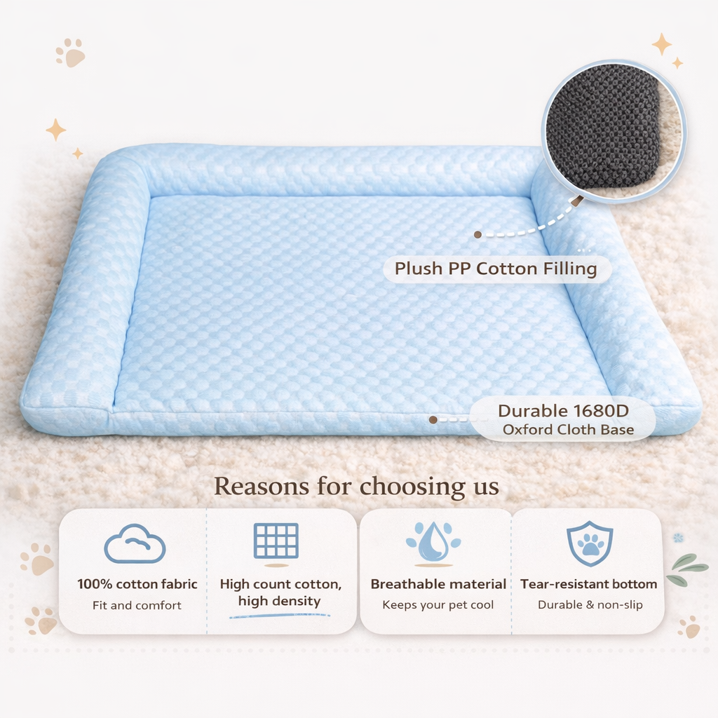 Yogi-Pets bed with plush PP cotton filling and durable base, featuring text on material and features.