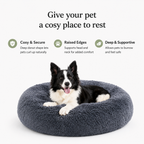 Yogi-Pets Dog lying on a round, plush pet bed with text highlighting features.
