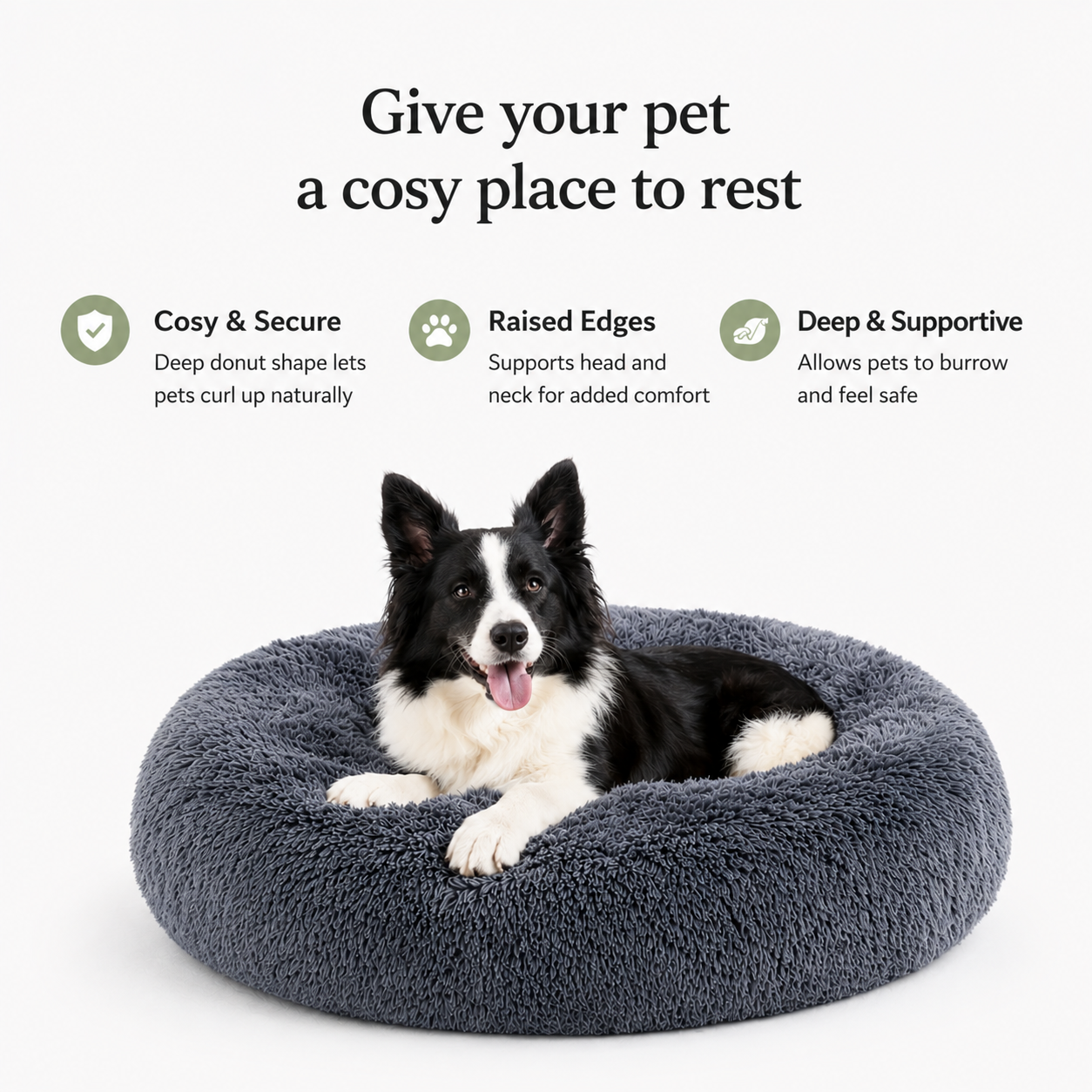 Yogi-Pets Dog lying on a round, plush pet bed with text highlighting features.