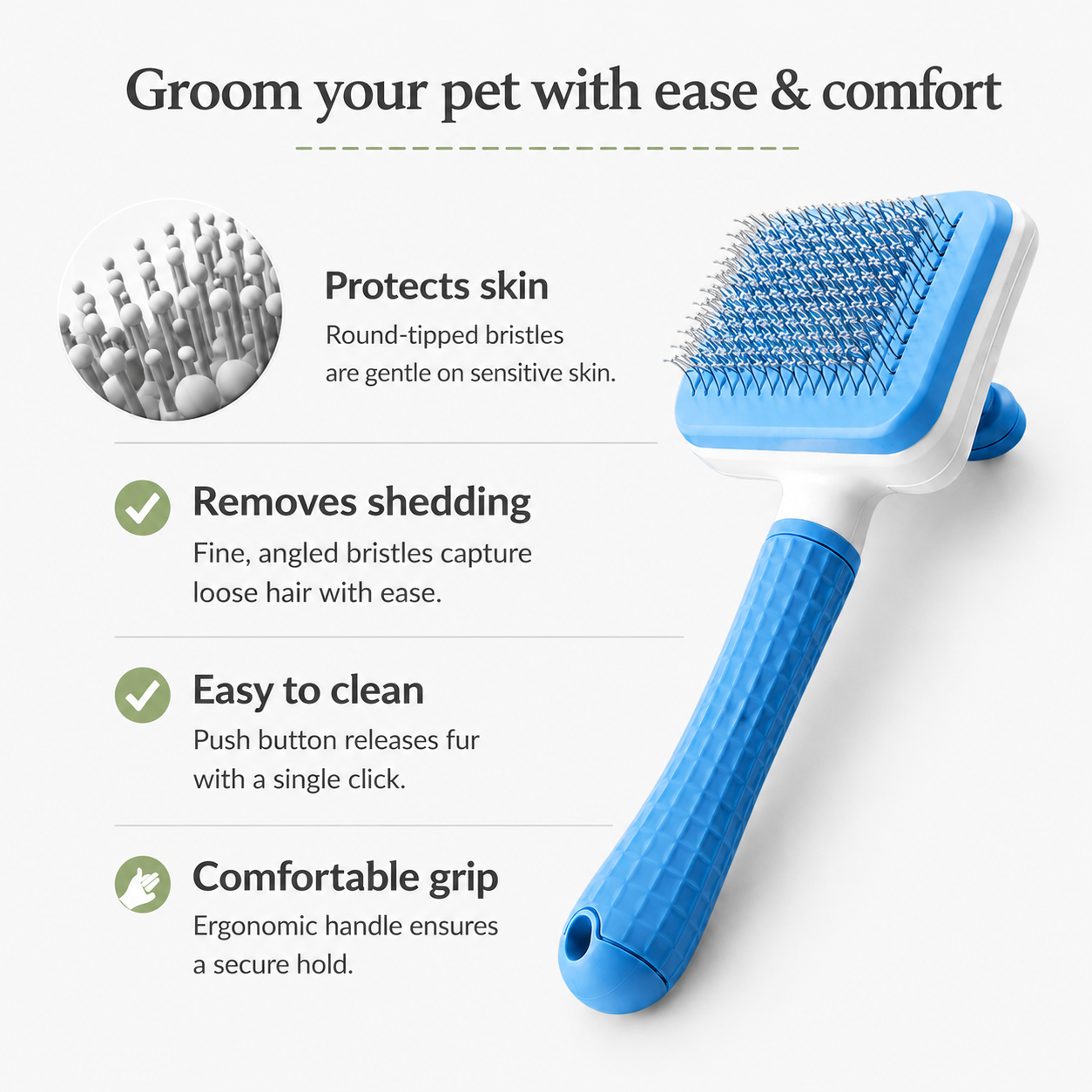 Yogi-Pets grooming brush with features listed on a white background
