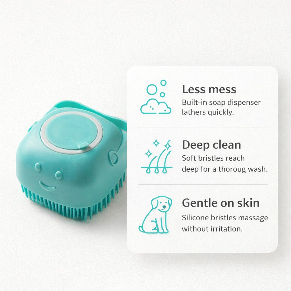 Benefits of Yogi-Pets massage brush: Built-in soap dispenser, deep clean, and gentle on skin