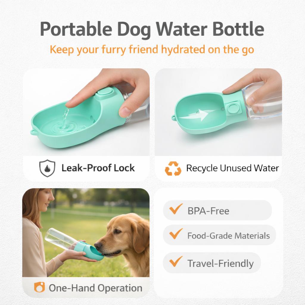 Features of Yogi-Pets dog water bottle: Leak-proof lock, water recycling, BPA-free, and travel-friendly design