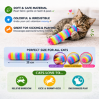 Cat playing with a colorful Yogi-Pets toy, surrounded by text highlighting features and benefits.