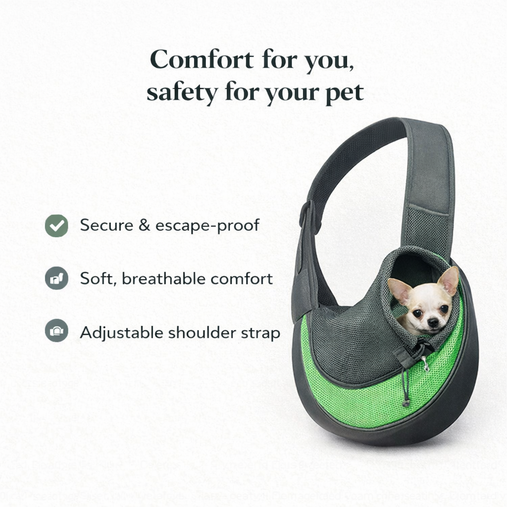 Yogi-Pets carrier with a dog inside, featuring text on comfort and safety for pets.